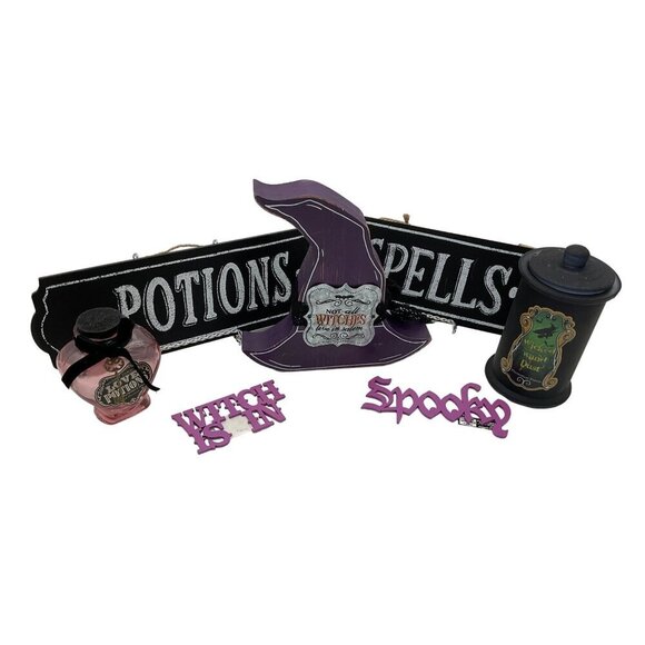 Halloween Bundle of 7 Witch Themed Purple & Black Wooden & Glass Decor - Picture 1 of 7